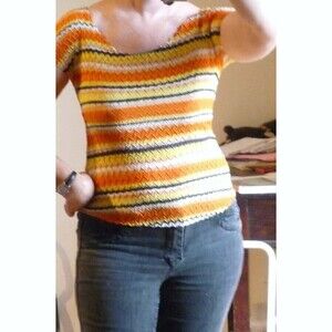 Komarov stretchy crinkle pleats orange black yellow zig zag stripe top S-M